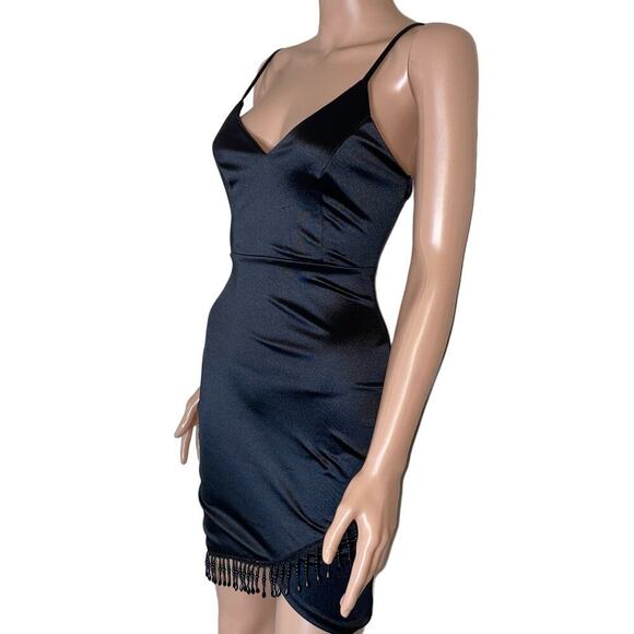 E.L.H. Studio black dress mini V-neck Satin V-neck beaded edge mini body-con SM - Picture 3 of 12